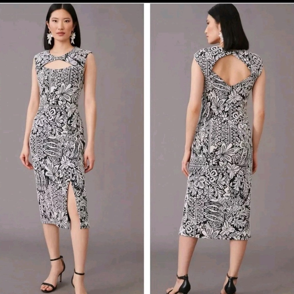 Anthropologie NWT Black & White Jacquard Floral Print Cutout‎ Midi Dress Small
